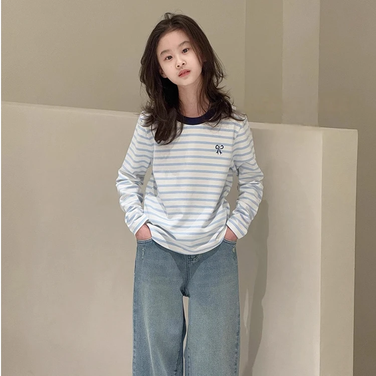 女童春季长袖纯棉T恤2025新款中大童洋气条T恤T25062
