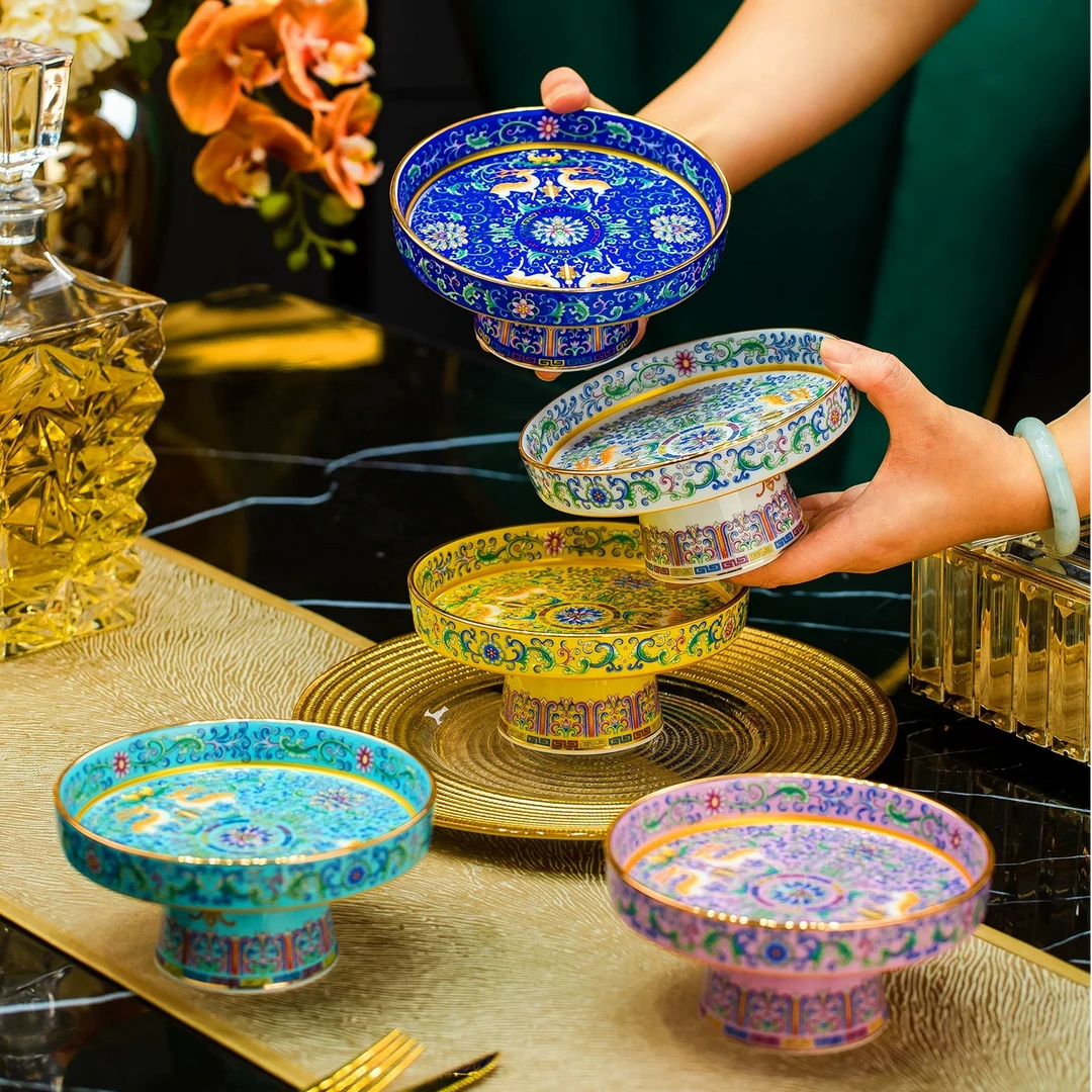 景德镇手工宫廷珐琅彩陶瓷家用客厅茶几水果盘高脚点心果盘供盘