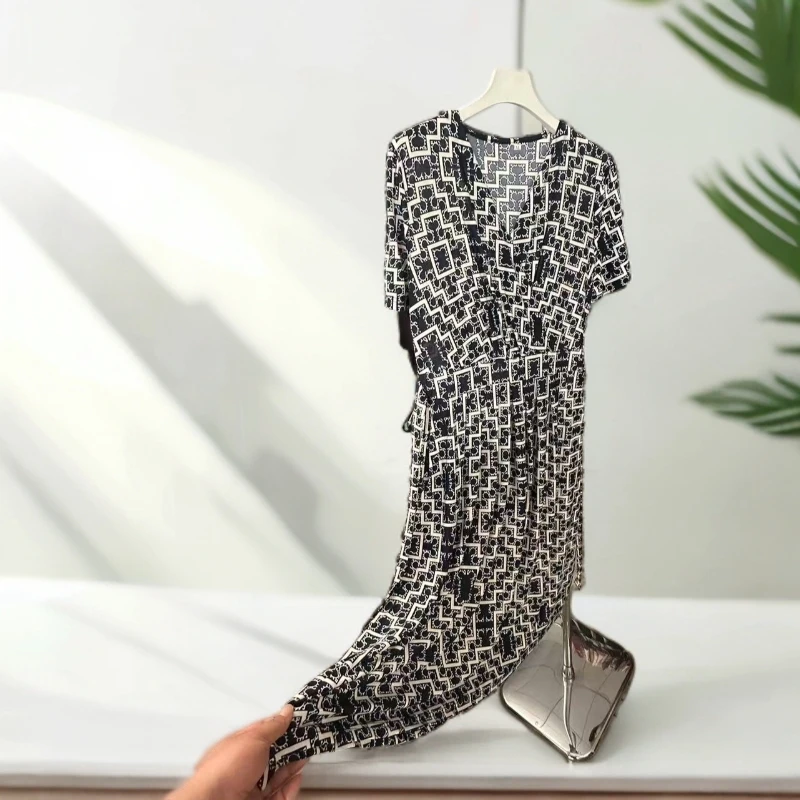 9797-夏季新款中长款短袖收腰显瘦气质妈妈装连衣裙女（F仓）