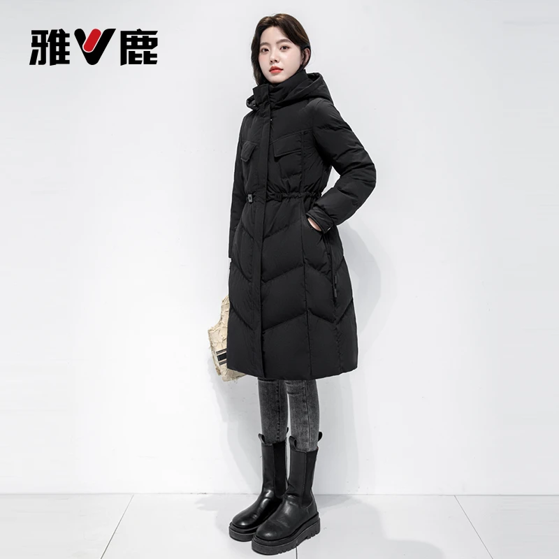 V/雅鹿连帽可拆卸时尚收腰显瘦收腰过膝保暖羽绒服女士长款羽绒服