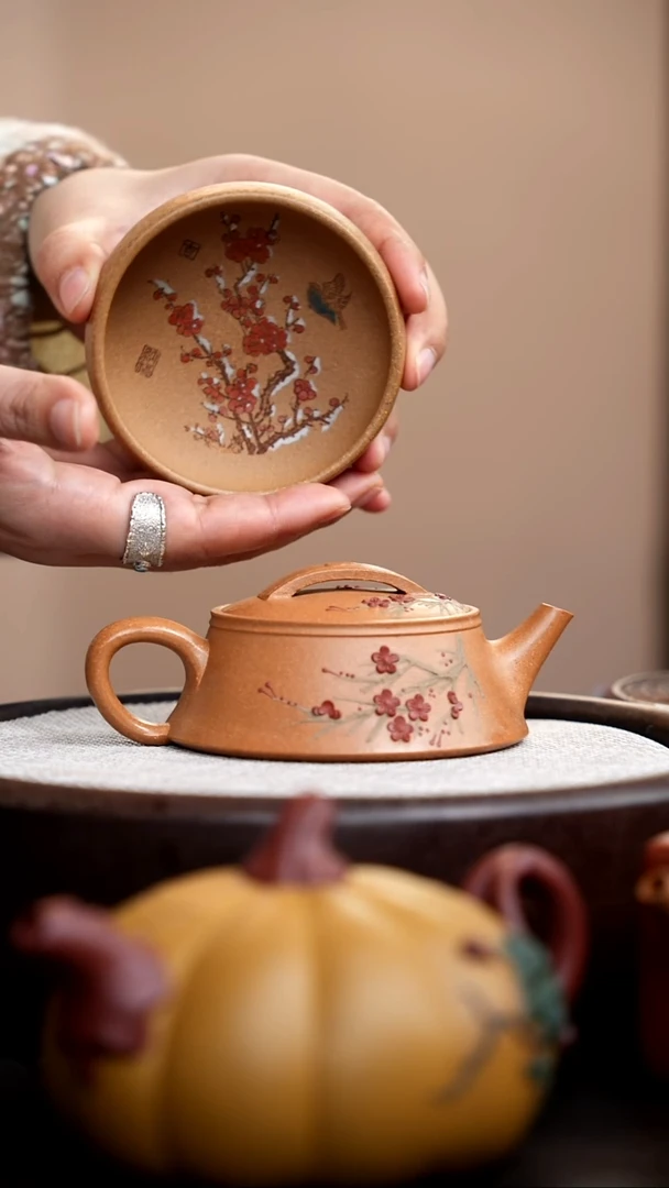 茶壶紫砂金砂段泥柱础堆红梅+杯009