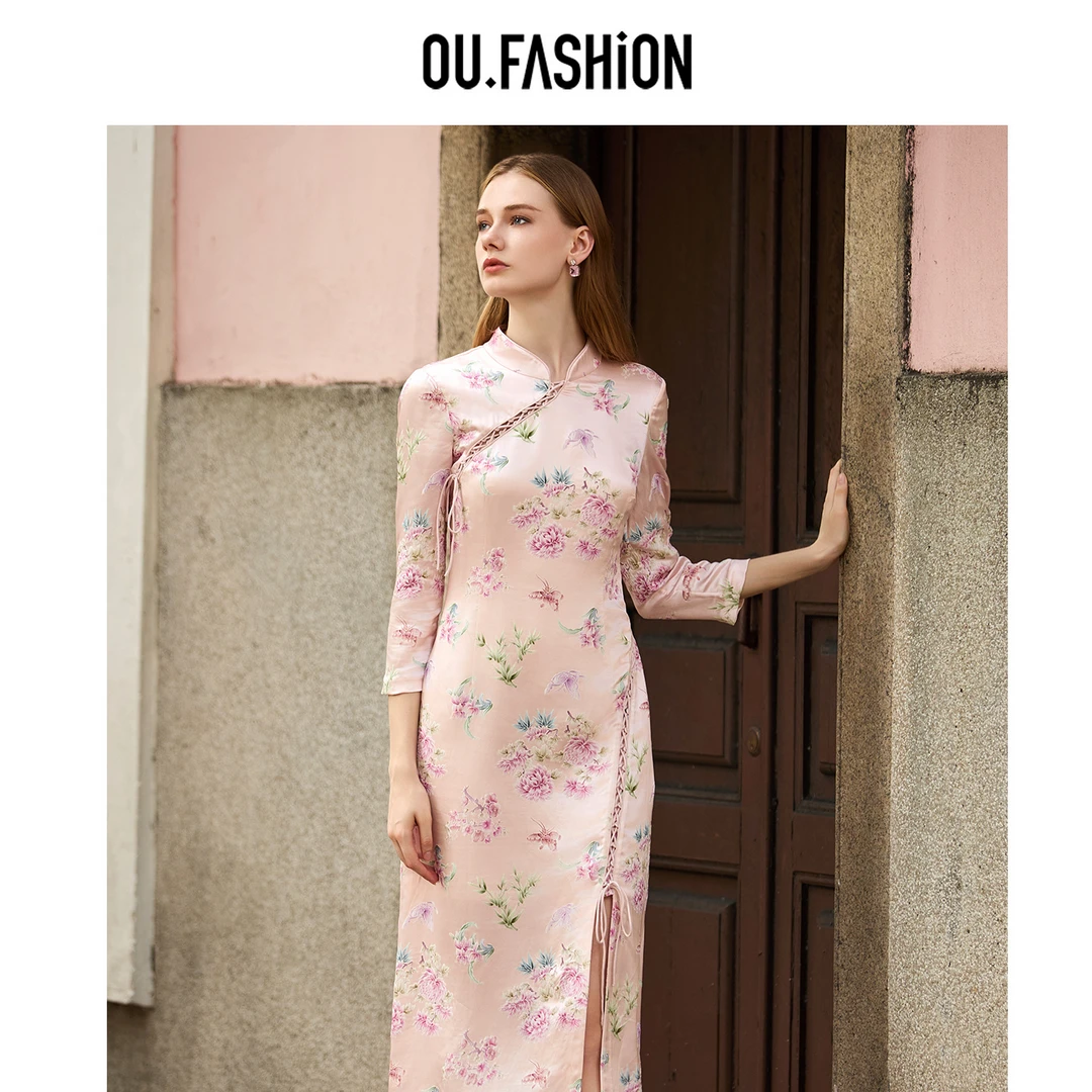 OU.FASHION/欧点桑蚕丝新中式气质优雅连衣长裙1122430221