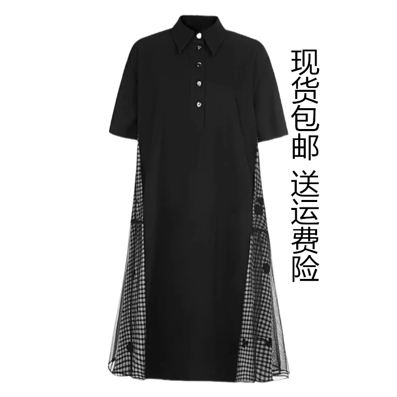 短袖方领长款拼接薄款裙子宽松蕾丝中长款夏季春夏polo女款连衣裙