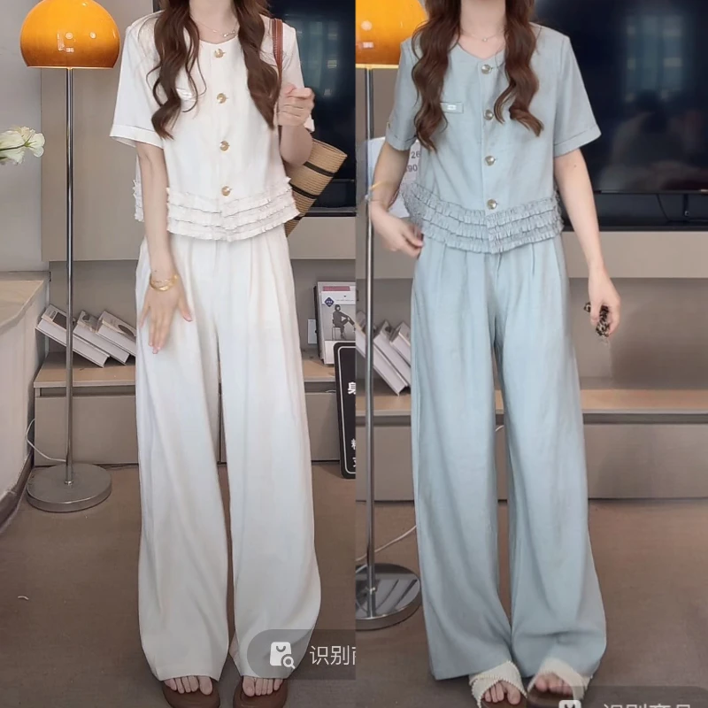#31332025新款女装夏季平纹亚麻上衣高腰直筒裤两件套套装女
