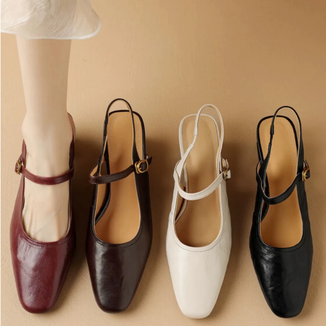 2025春夏季新款法式复古小香风包头粗跟一字带方头羊皮中跟女凉鞋