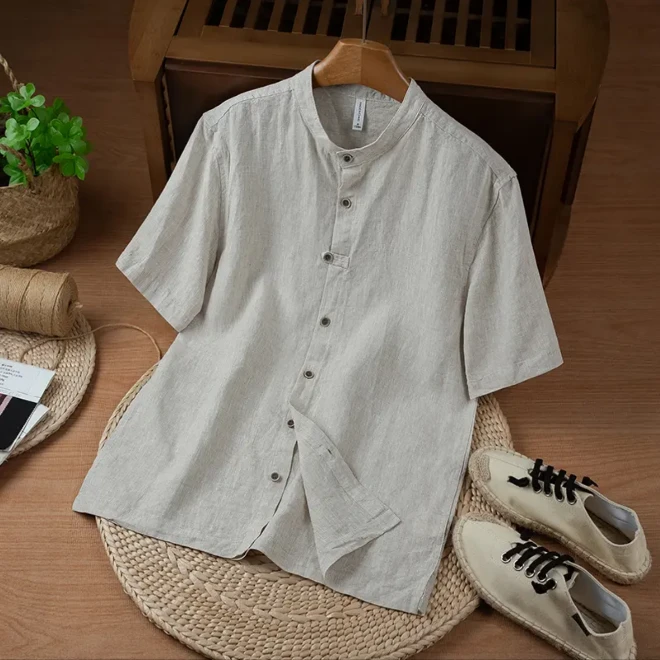 【百分百纯亚麻】夏季男士亚麻短袖衬衫新款设计感宽松显瘦休闲衬衣