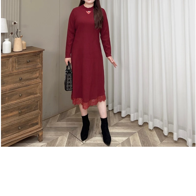 【胖霜霜现货清清】PMM81615针织连衣裙蕾丝新款显瘦直筒长裙