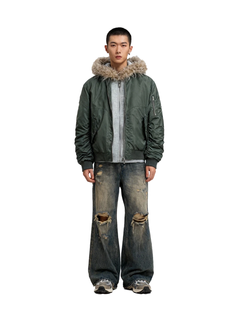 美式复古街头潮流运动宽松短款飞行员假两件夹克棉服毛领连帽棉衣