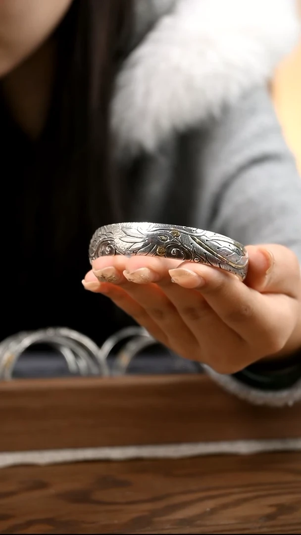 嵌金凤凰纯银手镯 圈口58