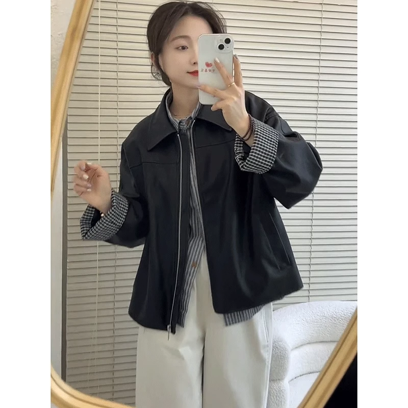 黑色翻领宽松袖口格子皮衣春秋休闲外套女2025春款新品长袖上衣