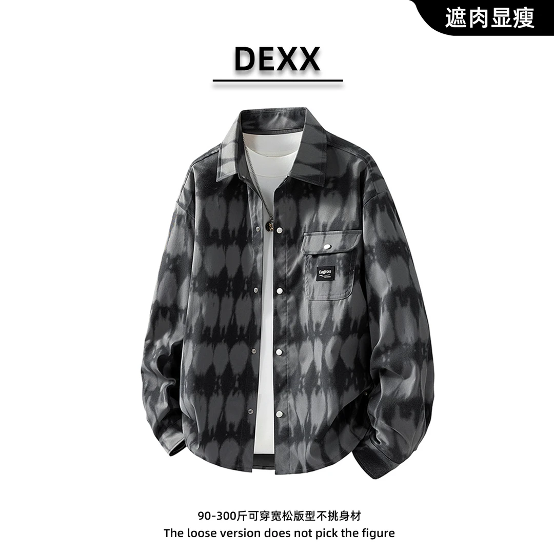 大码潮牌涂鸦衬衫男帅气个性扎染衬衣青少年遮肉显瘦时尚工装上衣