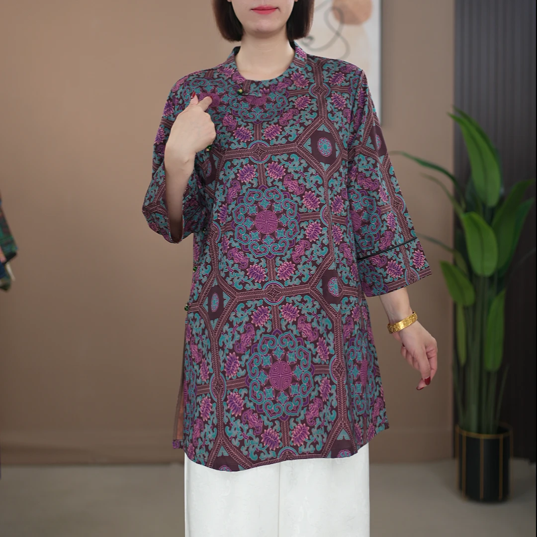 【丝100】新中式满分老料薯云砂新款国风中长袖上衣7966