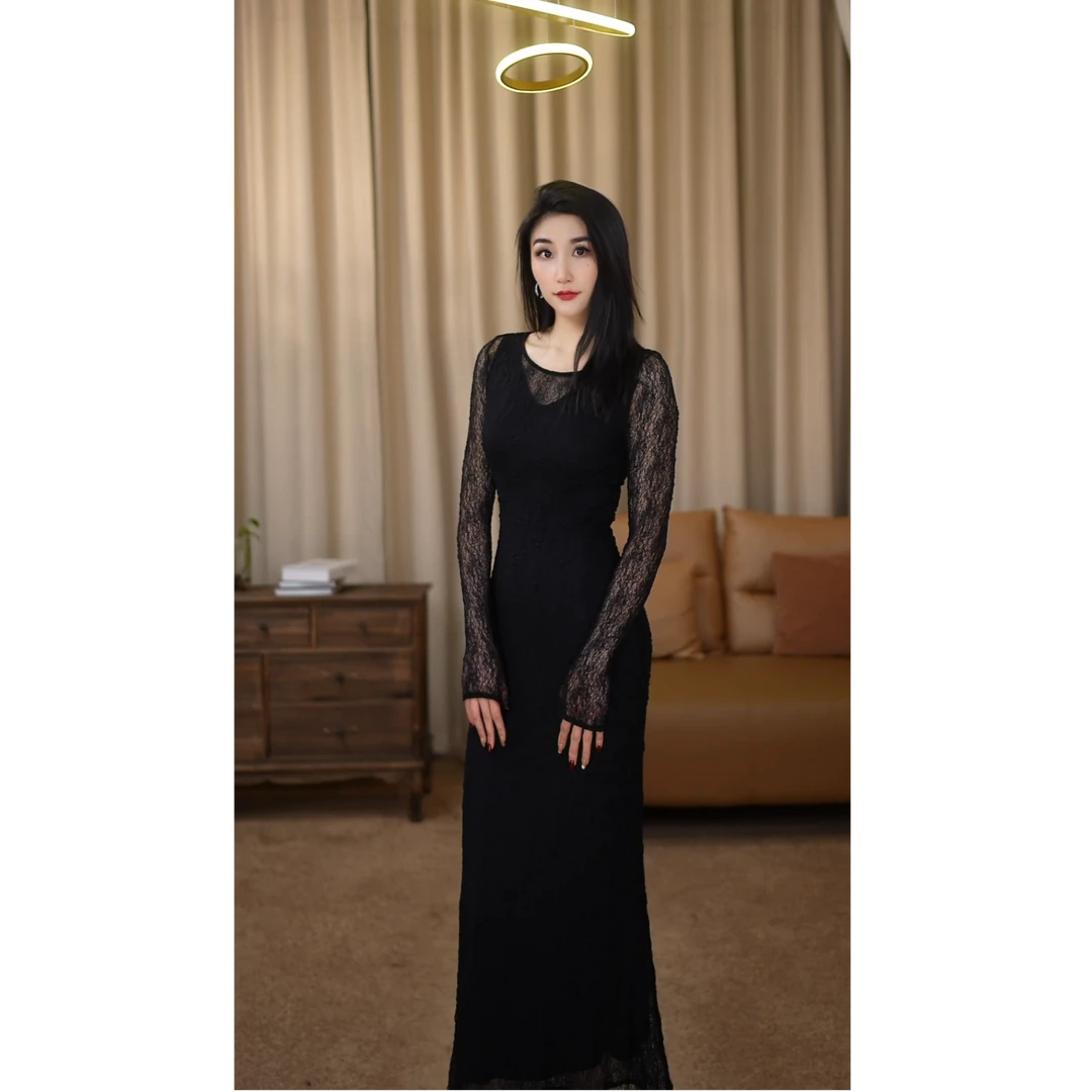 【金穗】秋冬新款倩影黑纱法式气质收腰显瘦鱼尾连衣裙-CY0682