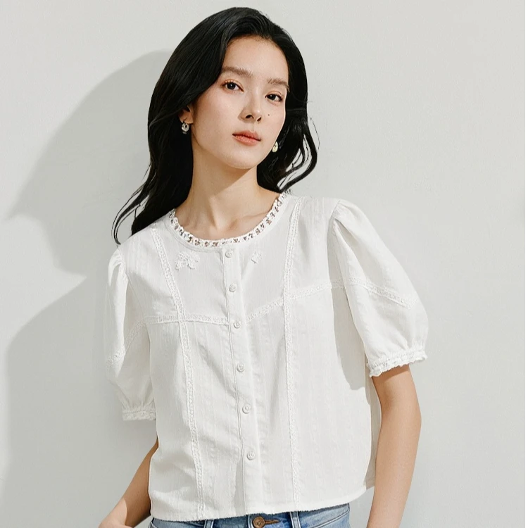 【一秒入夏】茵曼夏季法式碎花衬衣印花荷叶边圆领短袖纯棉衬衫女