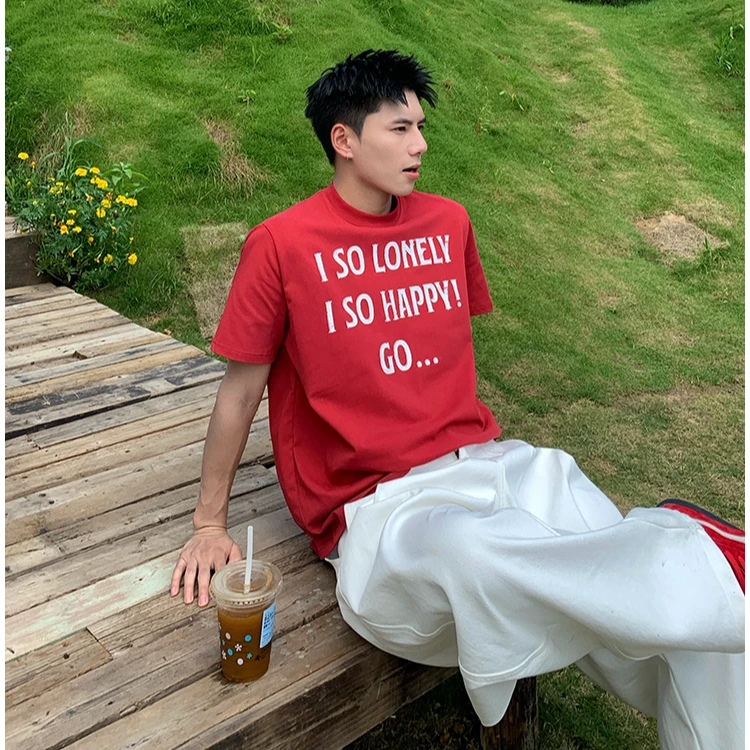 300斤男士大码T恤美式复古红色宽松圆领上衣短袖街头休闲日系t恤