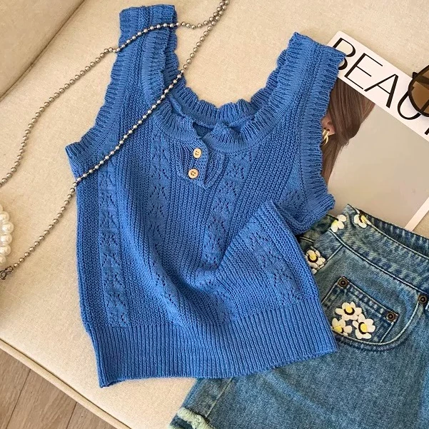 温柔风减龄木耳边冰丝针织背心女夏季修身显瘦甜美圆领无袖上衣潮