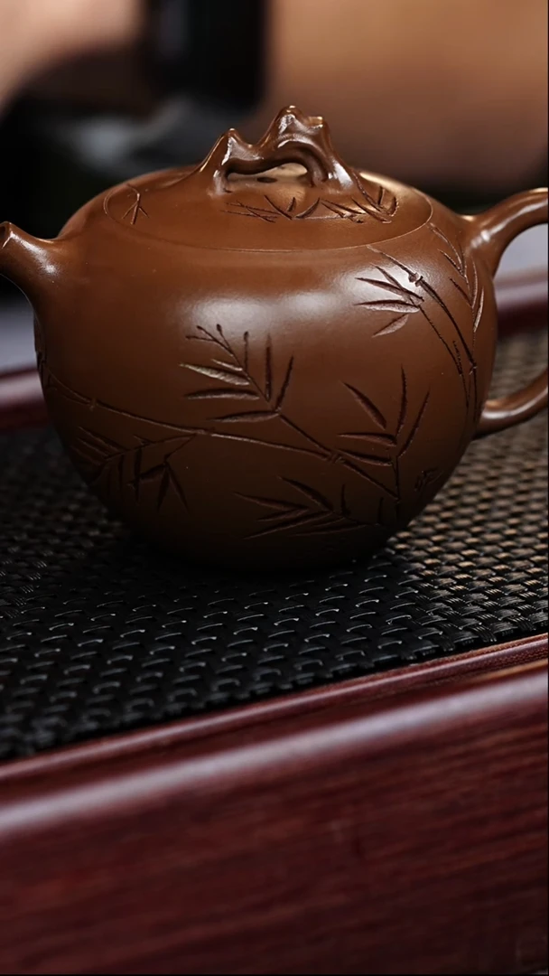 茶壶紫砂宜兴手工紫砂作品 石韵 竹叶刻绘