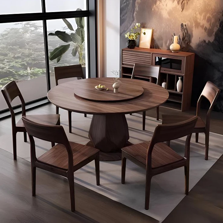 复古风黑胡桃实木适合大中小户型家用酒店圆形带手动旋转餐桌椅款