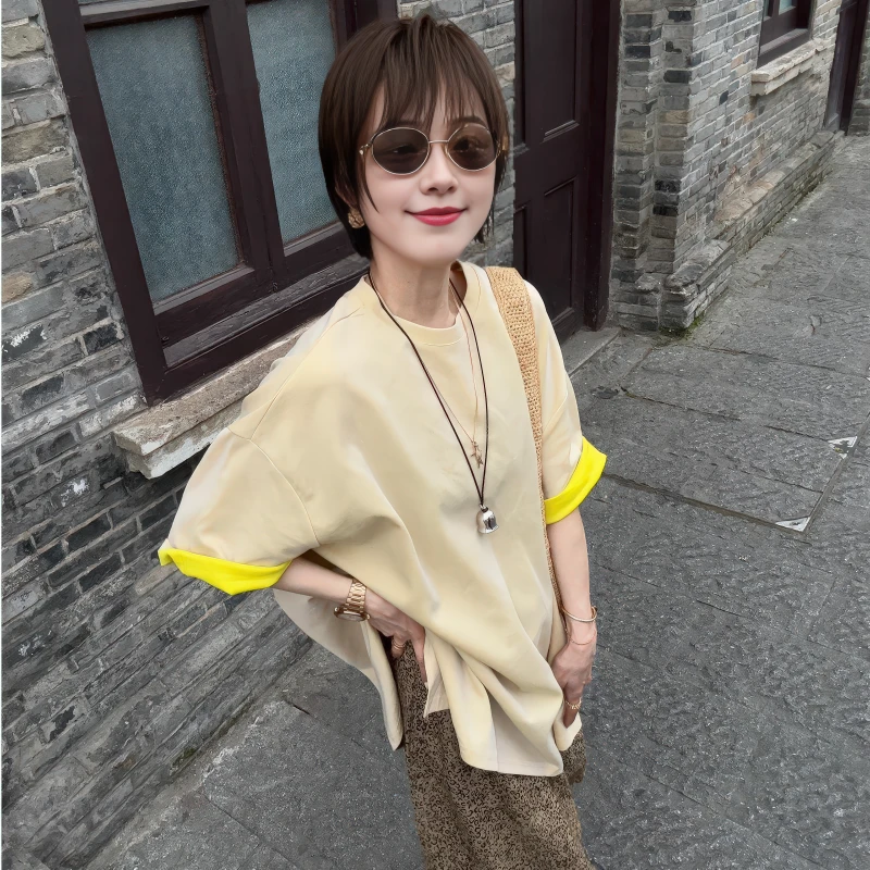 时尚百搭设计感撞色短袖T恤女2025夏季新款大码胖MM小众正肩上衣