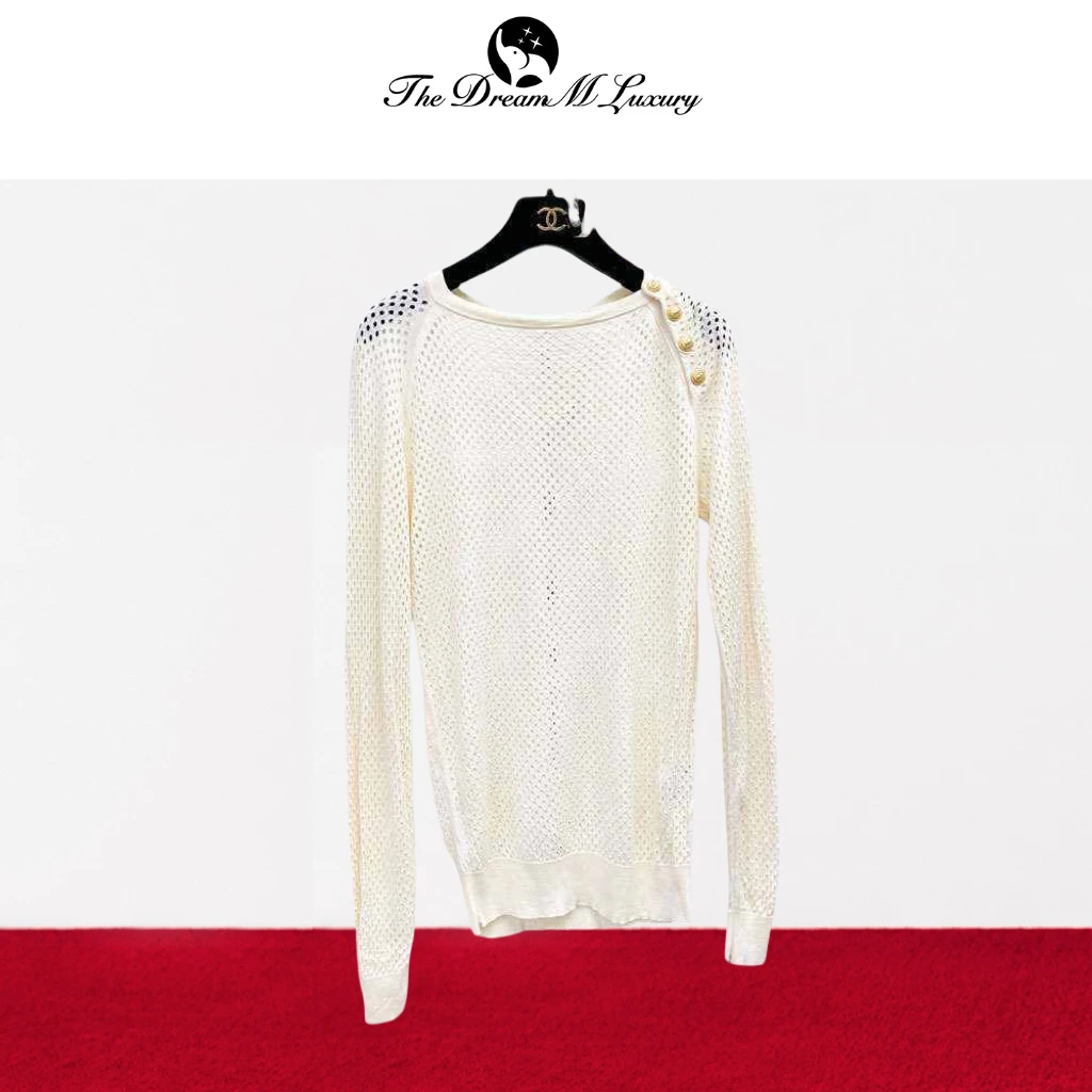 99新 BALMAIN/巴尔曼 40码 米白色 针织镂空 长袖 上衣