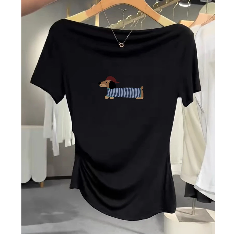 t恤女士夏季2025新款一字领露肩百搭上衣高级感爆款黑色修身短袖