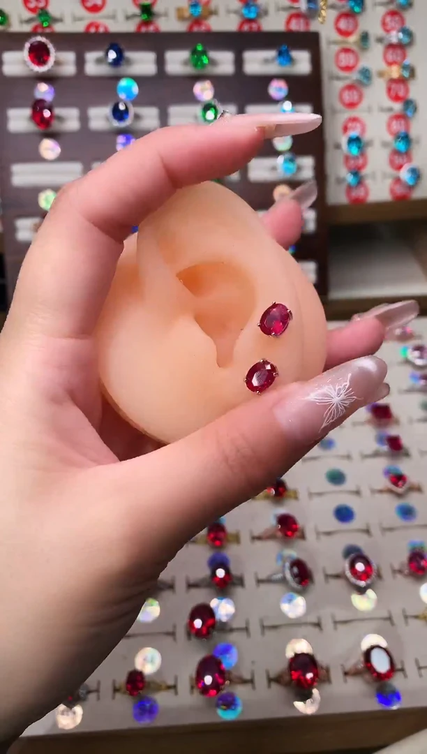 银S925镶嵌耳饰红宝石6*8 银托