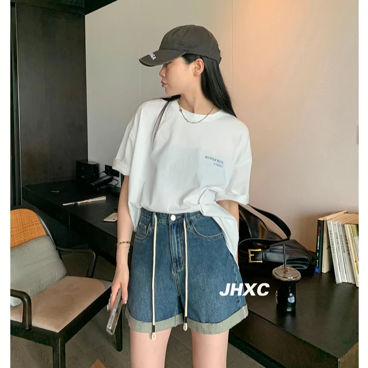 白粉笔 抽绳卷边牛仔短裤夏季薄款新款潮高腰显瘦A字阔腿裤9424