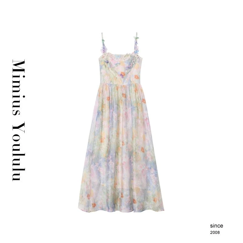 【mimius】七七 莫奈花园风晕染碎花蕾丝拼接吊带连衣裙 G03273