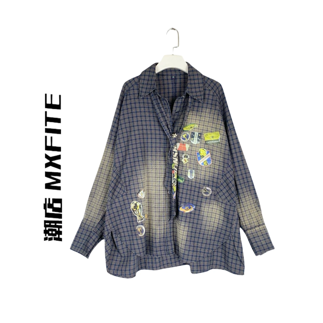 MXFITE潮店秋季新款复古“趣味贴纸”宽松长袖衬衣衬衫（RDC7002）