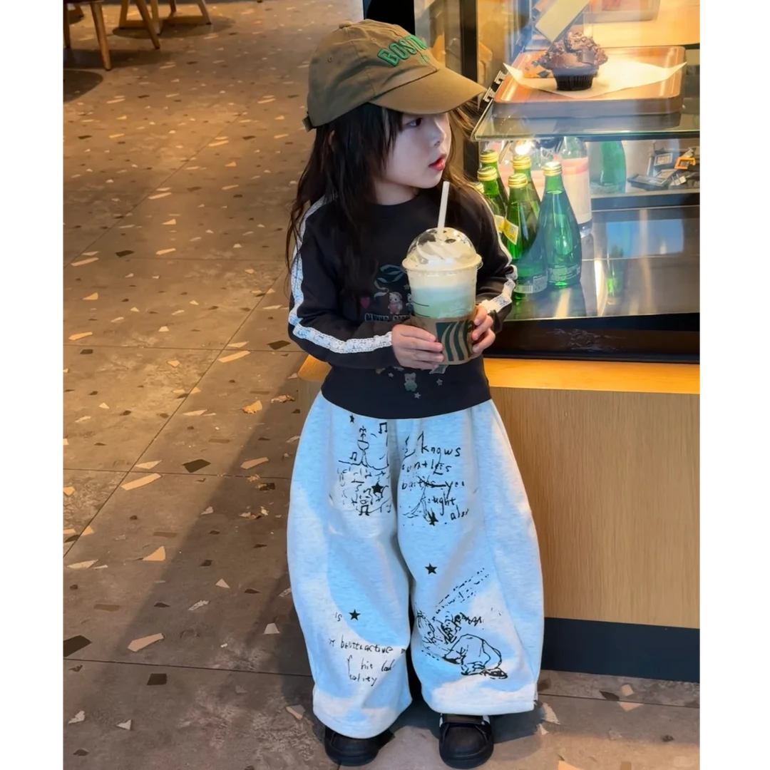 壹妈韩范童装女童时尚套装秋季新款洋气女宝长袖T恤宽松阔腿裤