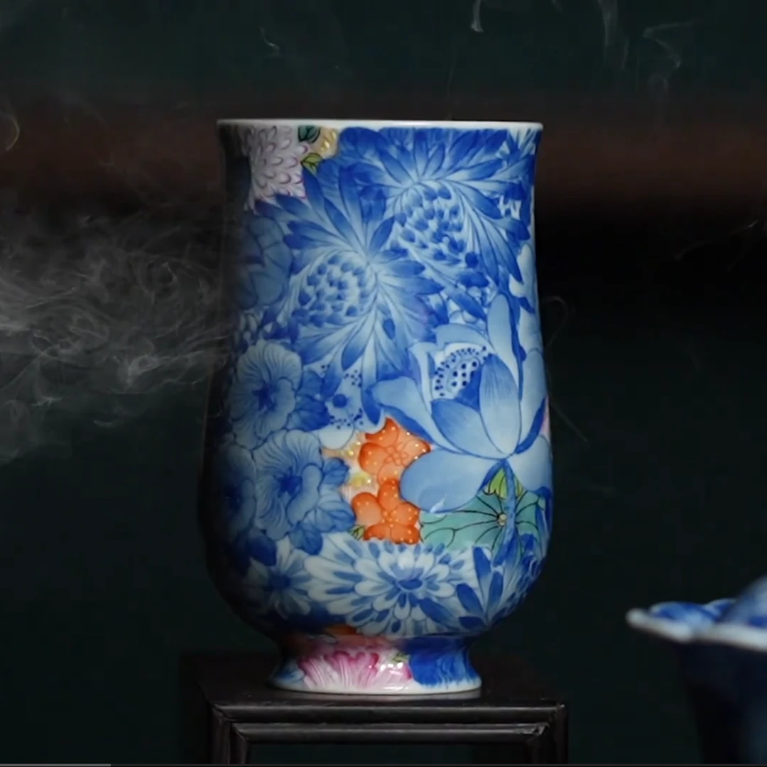 【晓剑窑】珐琅彩青花万花玉露杯