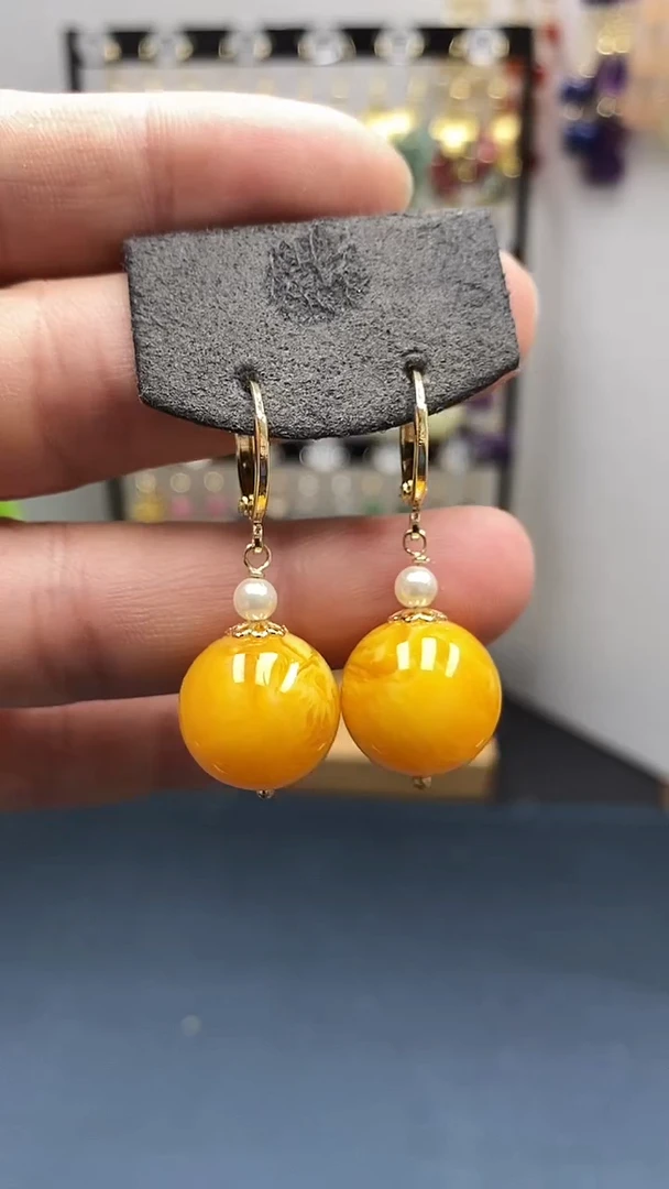 【闪购商品】蜜蜡耳饰银S925镀金镶嵌尺寸16mm耳扣06