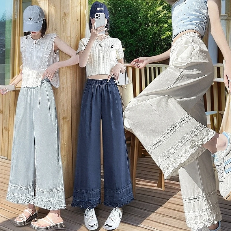 薄款阔腿裤九分裤蕾丝夏季休闲裤高腰百搭外穿夏装显瘦宽松宽松