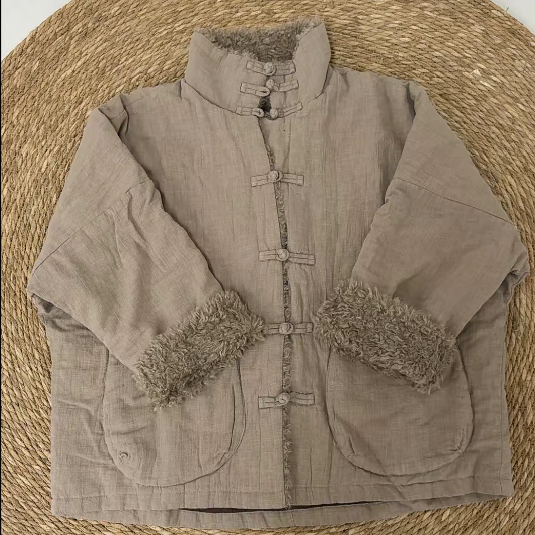 冬季加厚纯亚麻羊羔毛盘扣棉衣（衣长68复古休闲宽松）
