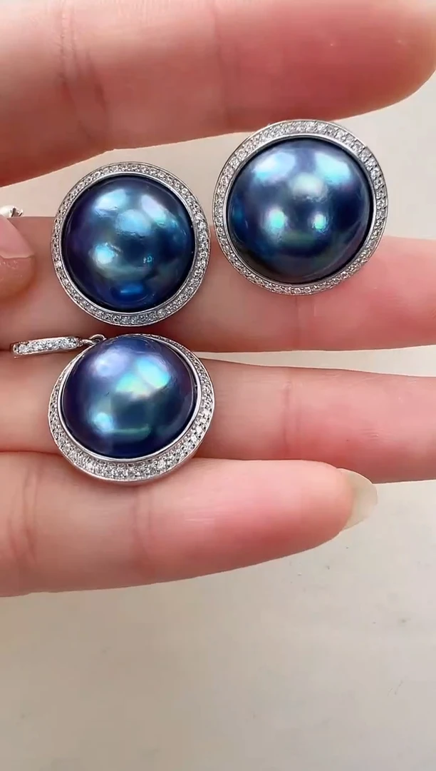 【闪购商品】拼合珍珠（马贝珠）耳饰银S925镶嵌蓝色太阳花套装