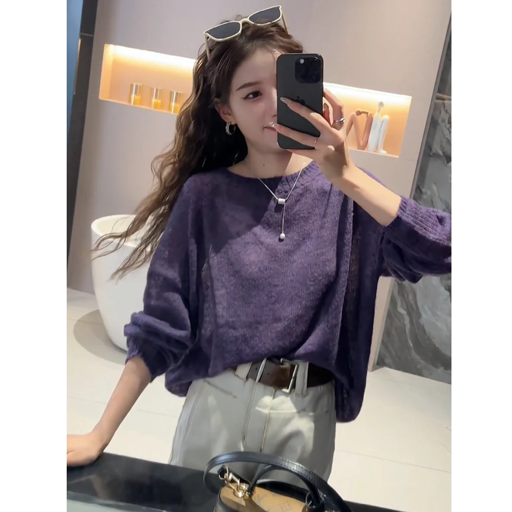 秋季流行穿搭紫色针织衫女2025新款宽松显瘦韩系慵懒松弛感上衣