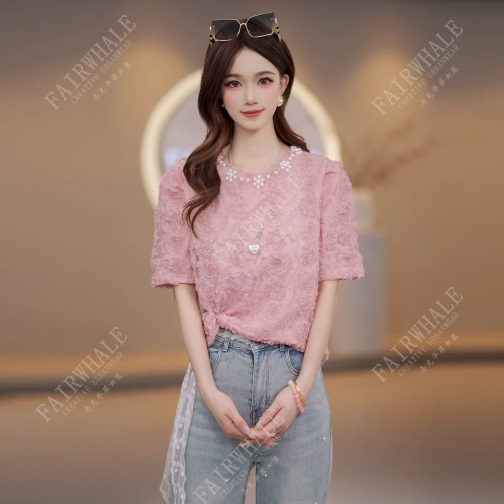 马克华菲女装法式立体花朵钉珠夏季泡泡袖衬衫设计感气质短款上衣