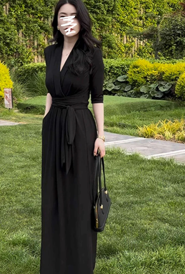 法式复古休闲连衣裙女2025新款高级气质收腰系带黑色长裙子3359#