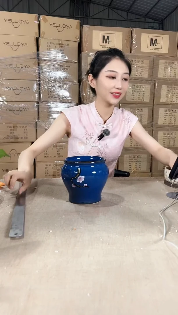 缸形深蓝花釉勾花13x13