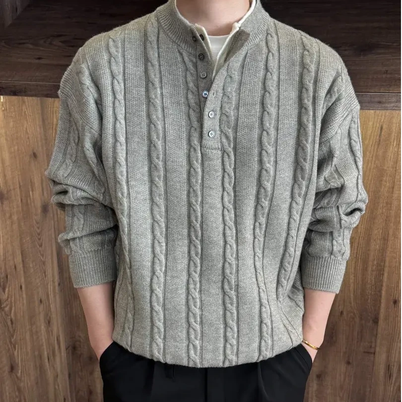 麓森秋季新贵轻奢风松弛感老钱风亨利领假两件毛衣肌理休闲针织衫