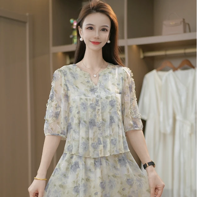 法式洋气碎花减龄洋百搭显瘦夏季时尚气质休闲收腰连衣裙M-4XL