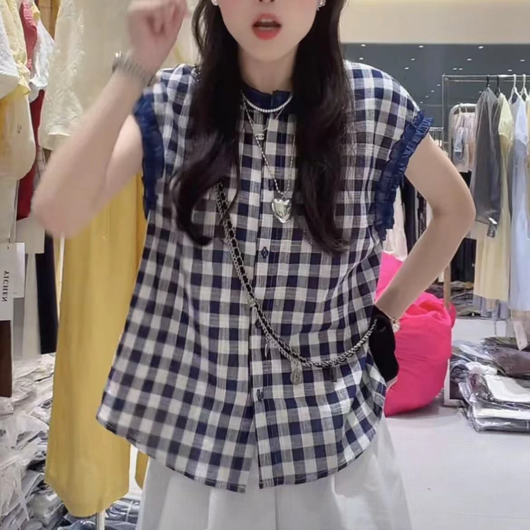 夏季新款法式风格子蕾丝花边无袖衬衫女设计感小众上衣