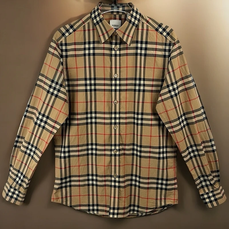 99新 BURBERRY/博柏利 12187562 经典格纹翻领衬衫 卡其色 L码