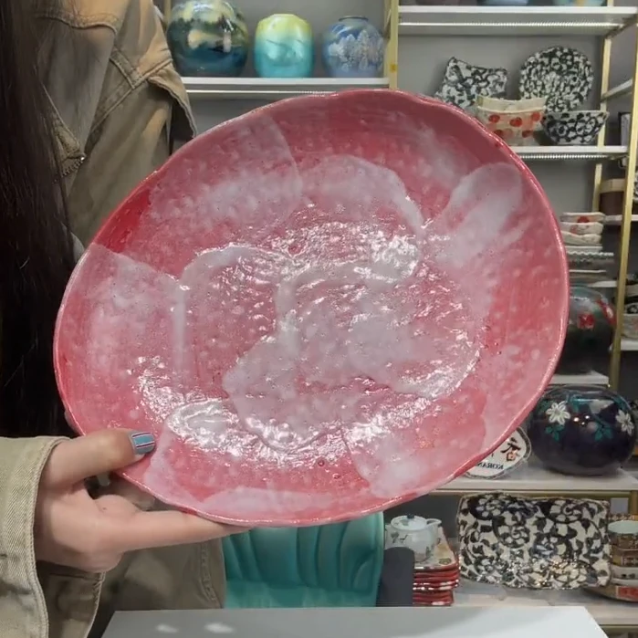 新品四【单支】日本进口濑户烧赤彩鸡蛋形深盘25.5cm×21.5cm