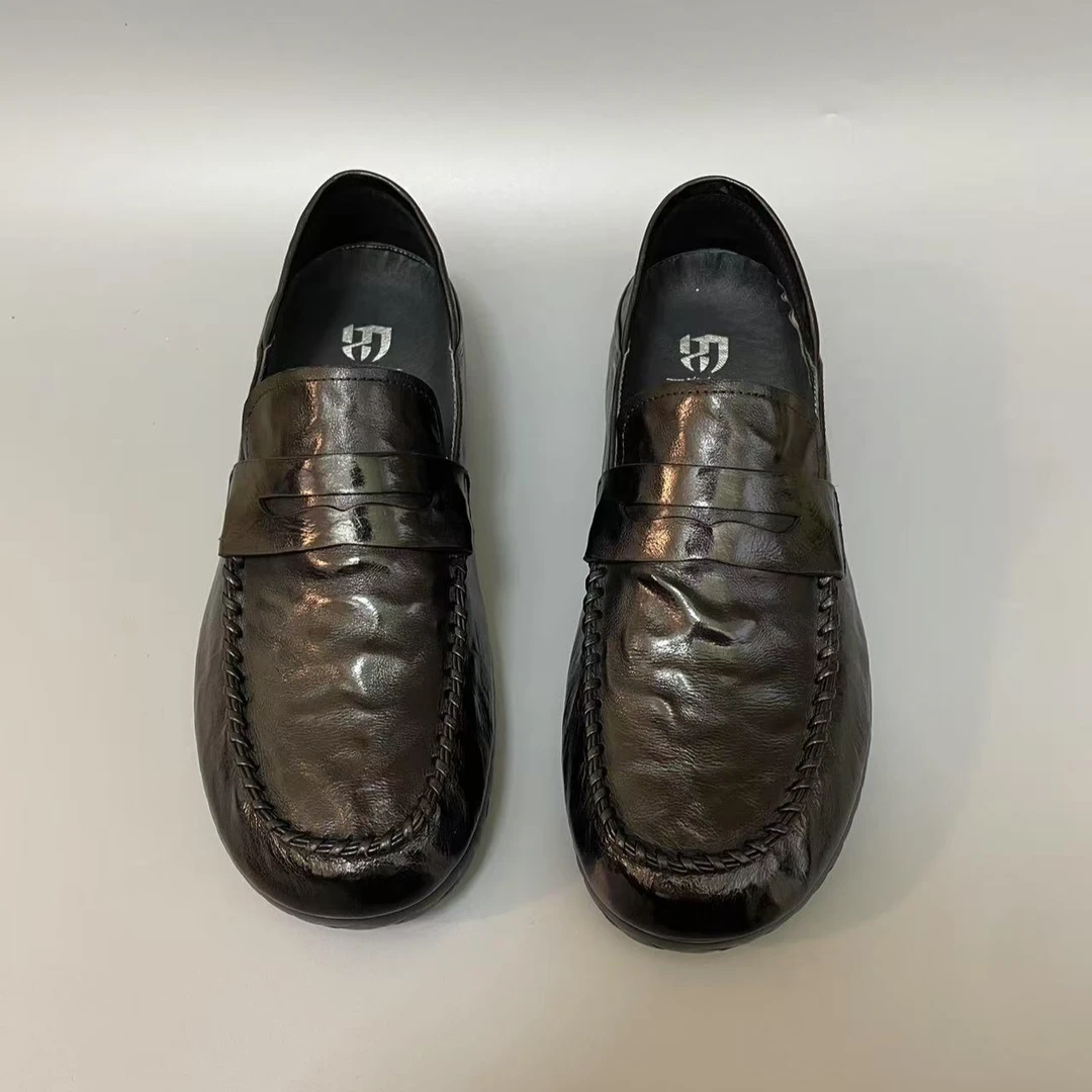 JW89701-51广州休闲男士一脚蹬头层牛皮新款柔软舒适时尚豆豆鞋