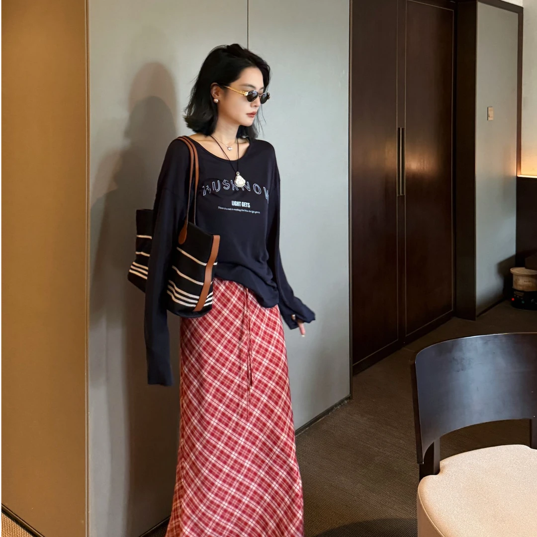 TheLOE/斜裁植物系格子显瘦减龄松紧腰高腰A字长裙#06.03Q-G5871