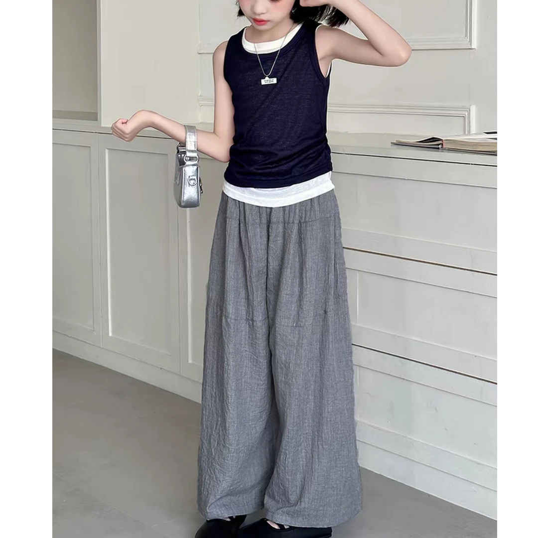 中大童童装女童假两件背心休闲阔腿裤子套装2025夏季新款中大童