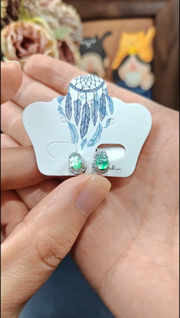 银S925镶嵌翡翠耳饰翡翠耳饰S925银镶嵌