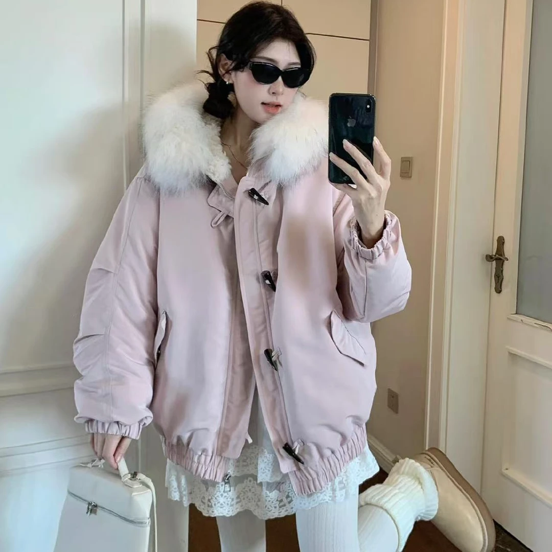加厚美式复古牛角扣大毛领棉服外套女宽松棉袄2025冬季新款派克服