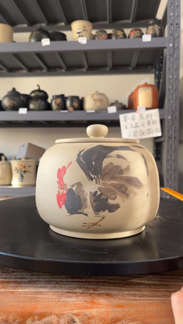 建水紫陶白泥彩绘精品茶罐